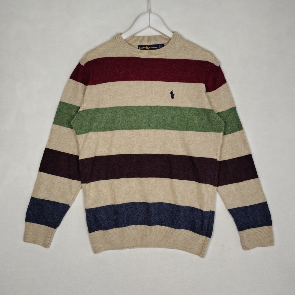 Polo Ralph Lauren Mens Striped Cotton Crewneck Sweater Tan Multi Custom Fit L